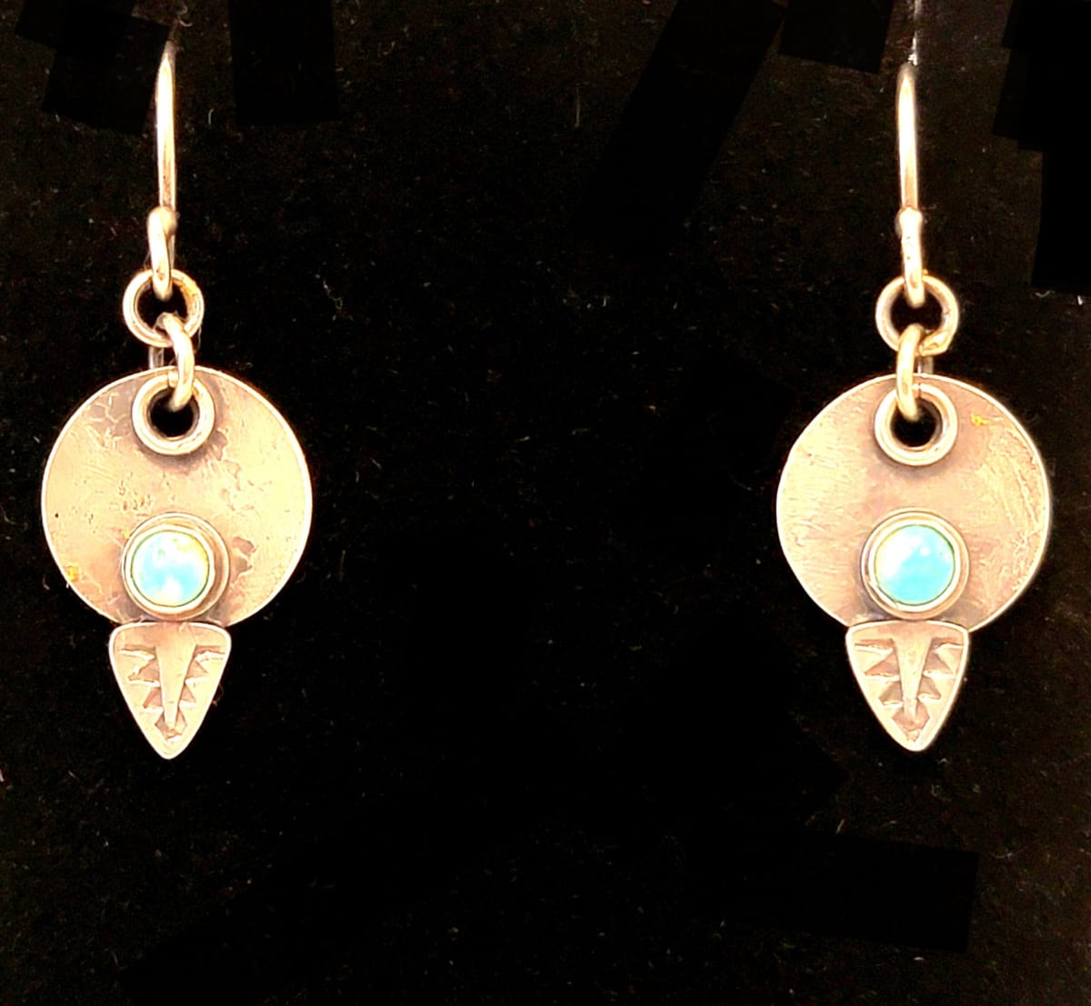 "EVE Earrings" - Rustic Hand Stamped Triangle Accent French Wire Earrings with Dainty Mona Lisa Turquoise by Shasta Brooks  Image: All Art © Shasta Brooks Studio LLC