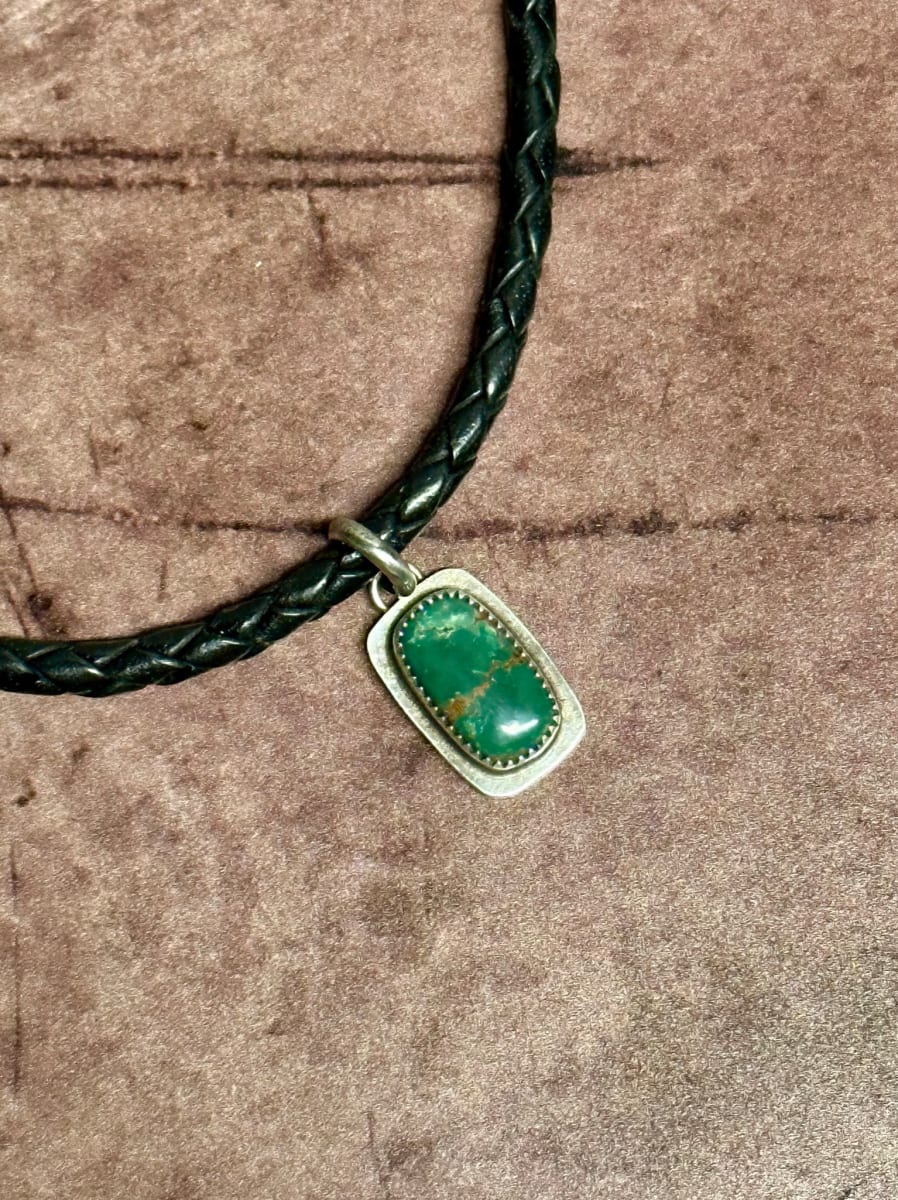 "Zephyr Unisex/Men's Leather Necklace" - Kingman Turquoise Pendant on Black Braided Leather by Shasta Brooks, Image 4.