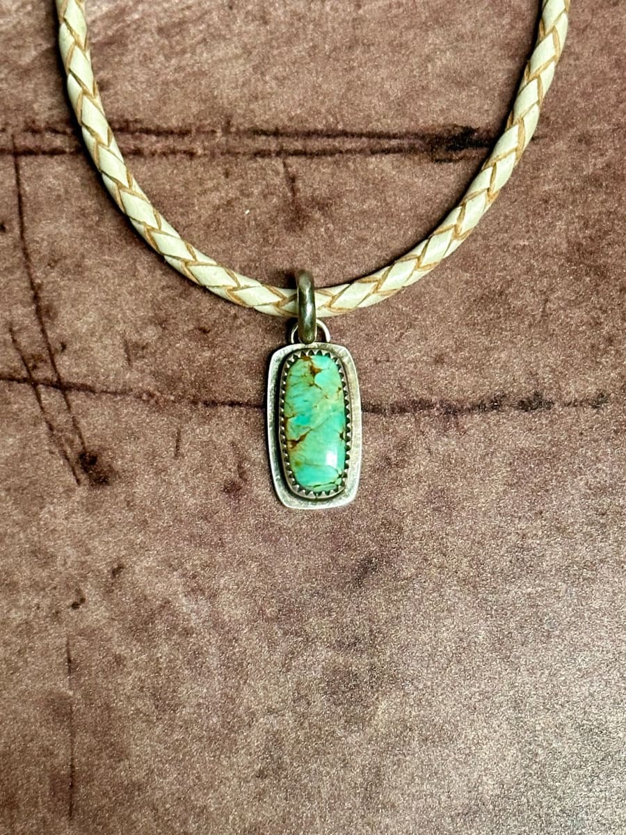"Zephyr Unisex/Men's Leather Necklace" - Kingman Turquoise Pendant on Beige Braided Leather by Shasta Brooks  Image:  All Art © Shasta Brooks Studio LLC