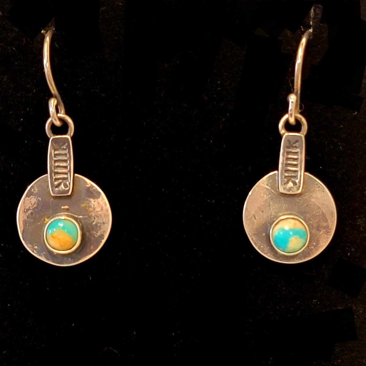 "Nothing Barred Earrings" - Rustic Tribal Hand Stamped Mona Lisa Turquoise French Wire Earrings by Shasta Brooks  Image: All Art © Shasta Brooks Studio LLC