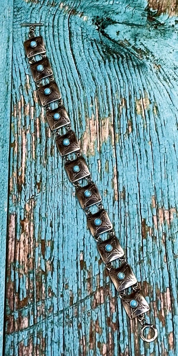 "Shelley Bracelet" - Hand Stamped Sterling Silver and Kingman Turquoise by Shasta Brooks  Image: All Art © Shasta Brooks Studio LLC