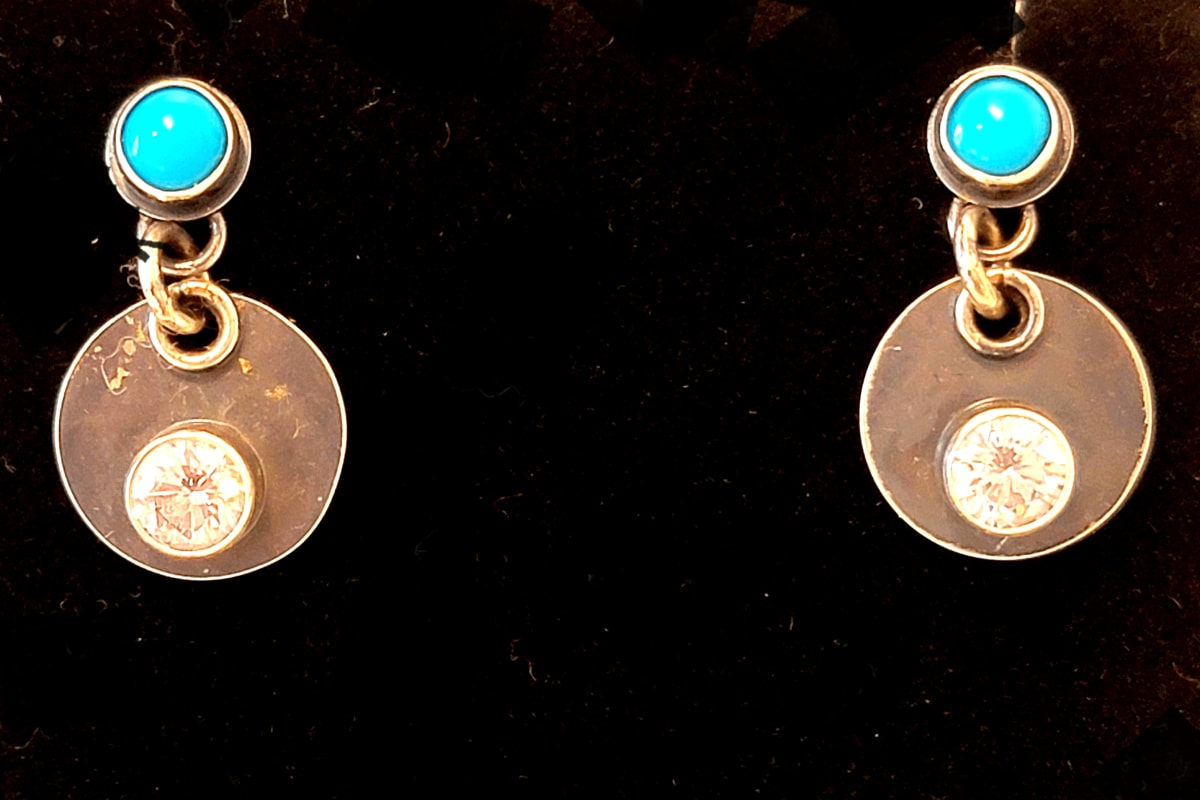 "Sleeping Beauty Sparkles Earrings" - Cubic Zirconia Sparkles in Oxidized Discs Dangling from Sleeping Beauty Turquoise Post Earrings by Shasta Brooks  Image: All Art © Shasta Brooks Studio LLC
