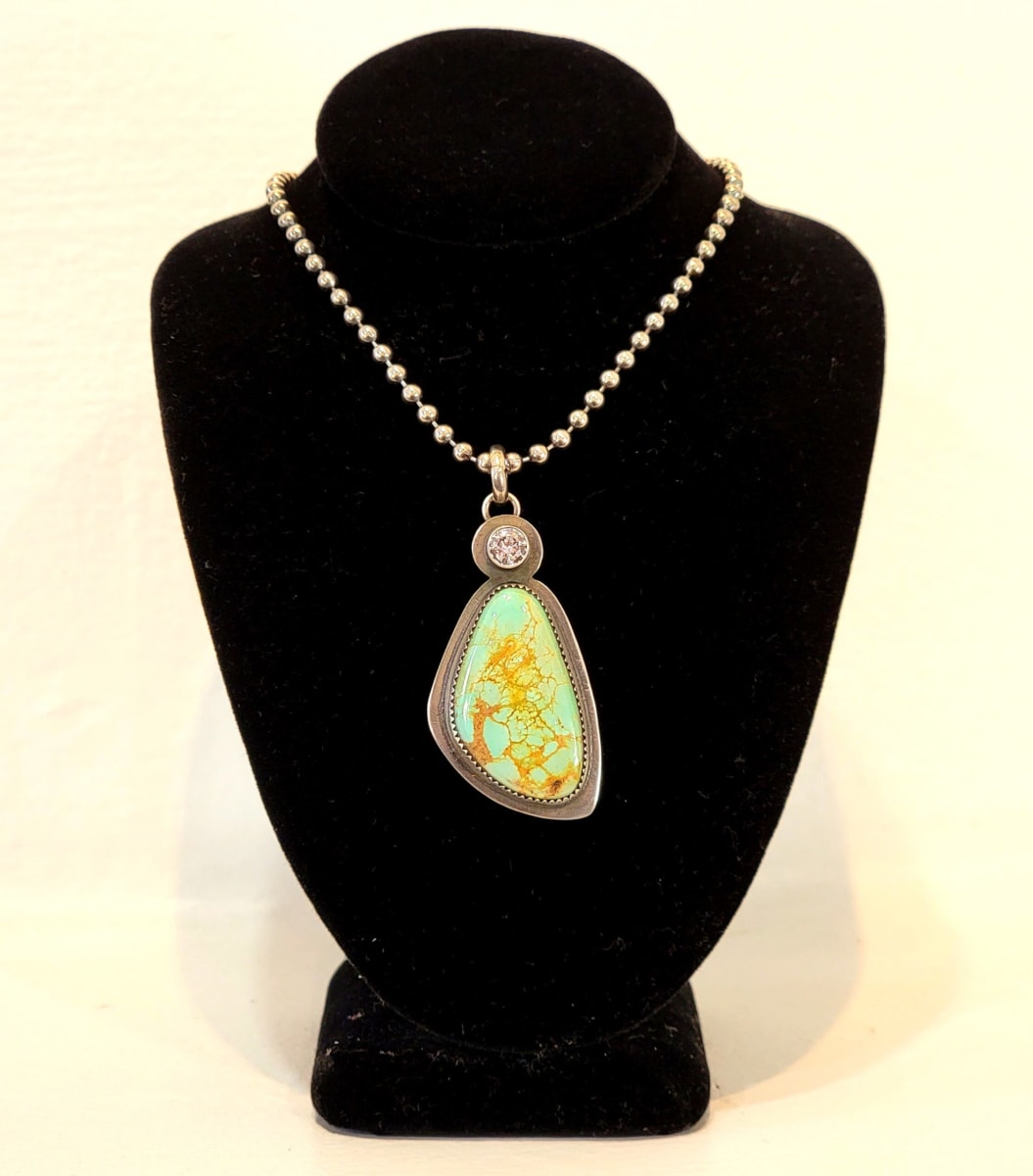 "Growth Spell Necklace" - Minimalist Vintage Sage Green Turquoise in Sawtooth Bezel and Cubic Zirconia Pendant on Bead Ball Chain by Shasta Brooks  Image: All Art © Shasta Brooks Studio LLC