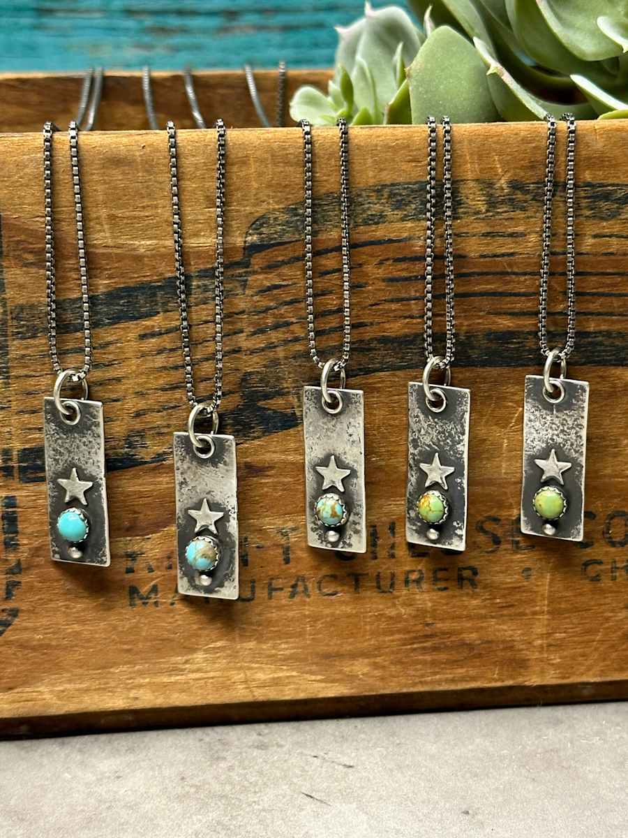 "Starlet Tags" - Kingman turquoise in sterling on delicate venetian box chain 3/3 by shasta brooks studio  Image: All Art © Shasta Brooks Studio LLC