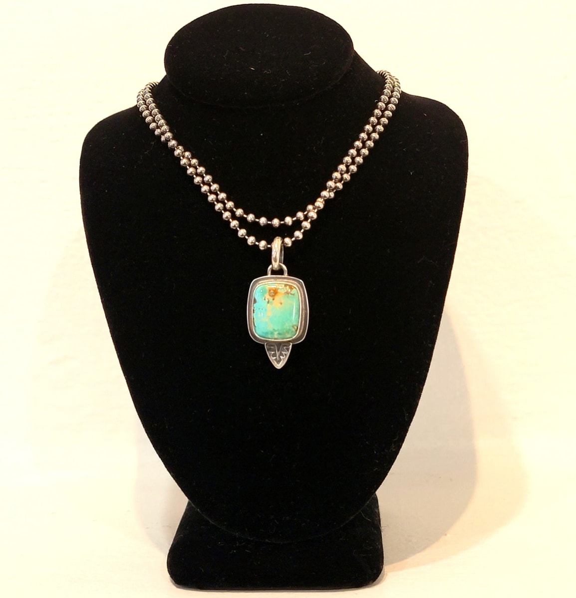 "Just Tickled Necklace" - Sweet Cushion Cut Kingman Turquoise with Stamp Accent on Long Delicate Bead Ball Chain by Shasta Brooks  Image: All Art © Shasta Brooks Studio LLC