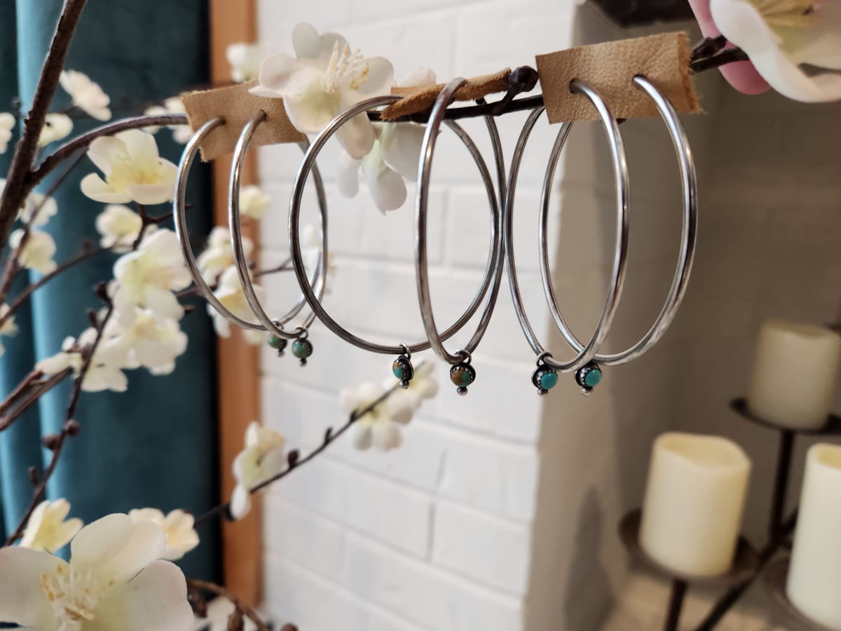 "Infinite Simplicity Hoops" - Lightweight Sterling Silver Hoop Earrings with Kingman turquoise and sawtooth bezel - Art Is - 3 of 3 by Shasta Brooks  Image: All Art © Shasta Brooks Studio LLC