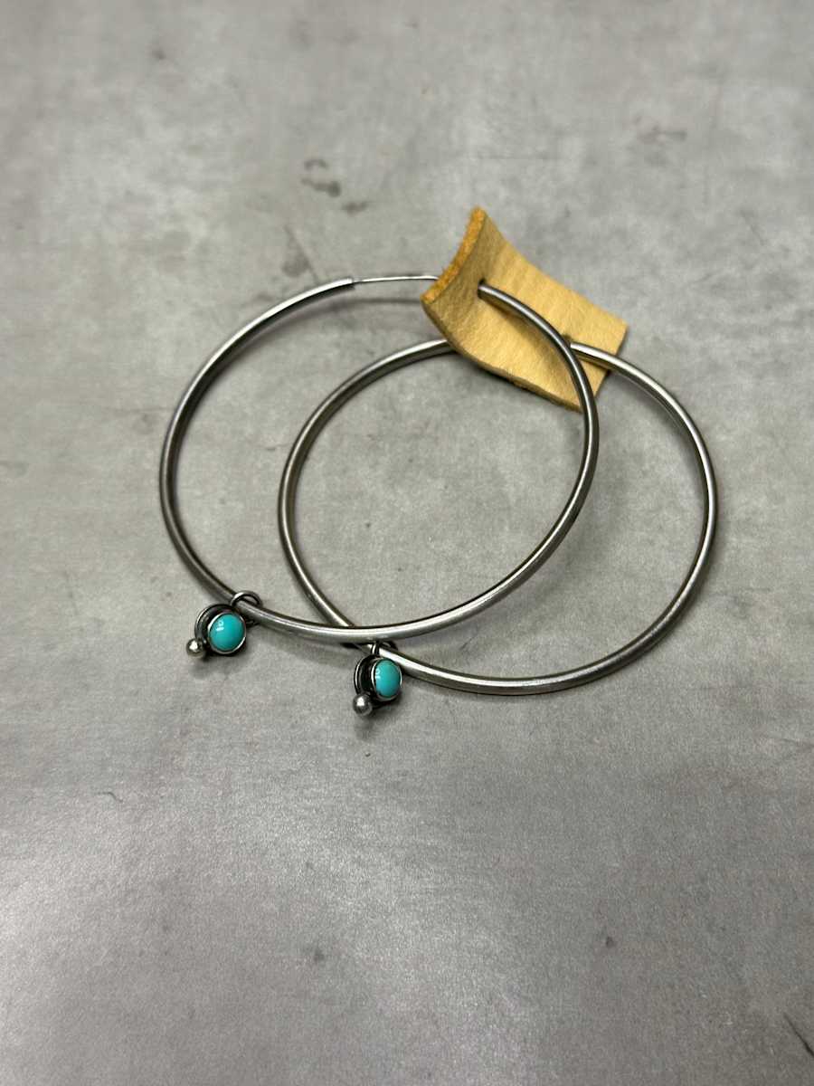 "Infinite Simplicity Hoops" - Lightweight Sterling Silver Hoop Earrings with Kingman turquoise and Smooth Bezel by shasta brooks studio  Image: All Art © Shasta Brooks Studio LLC