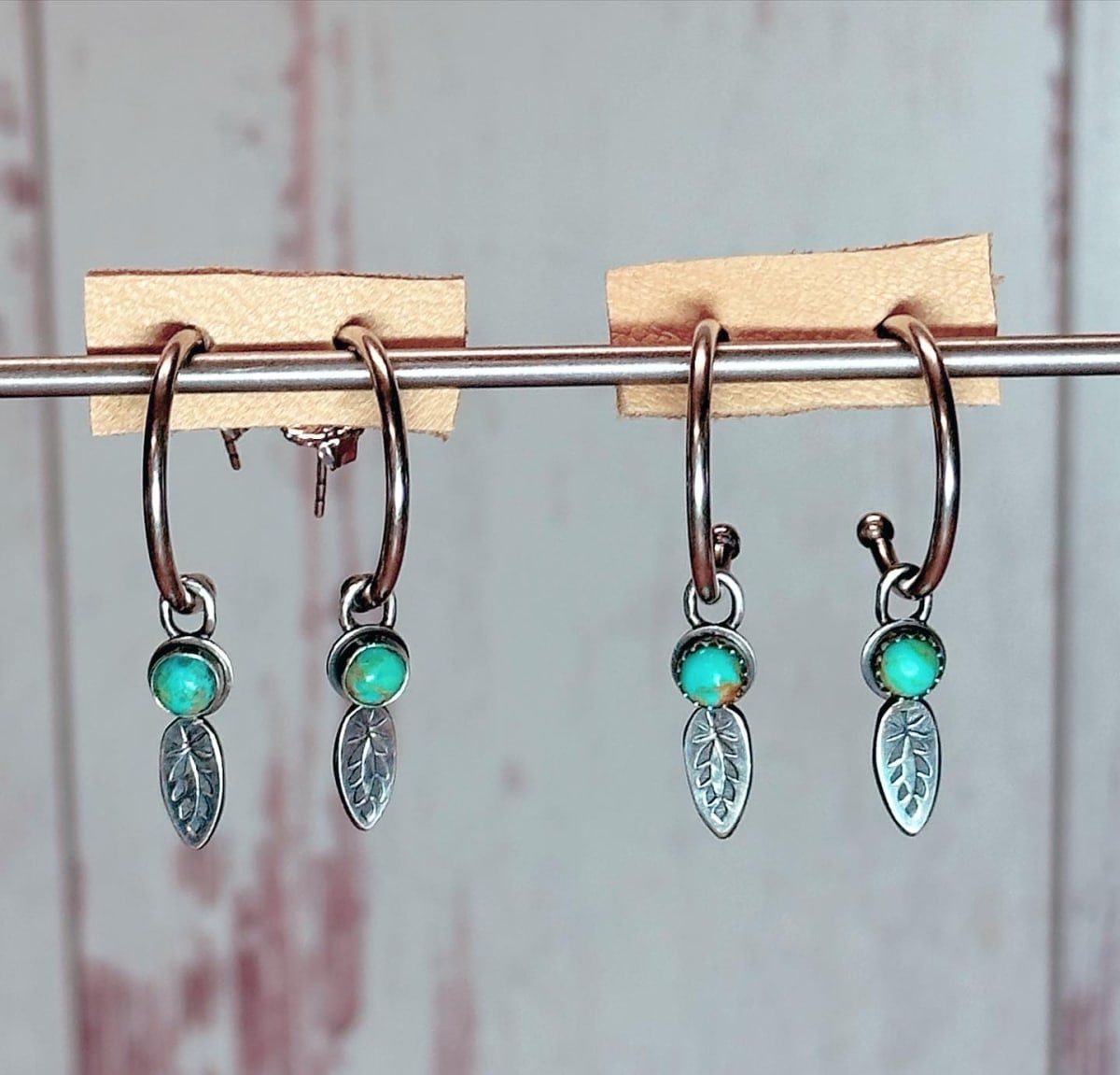 "Turquoise Feather Charmed Hoops" - Kingman Turquoise with Smooth Bezel by Shasta Brooks  Image: All Art © Shasta Brooks Studio LLC