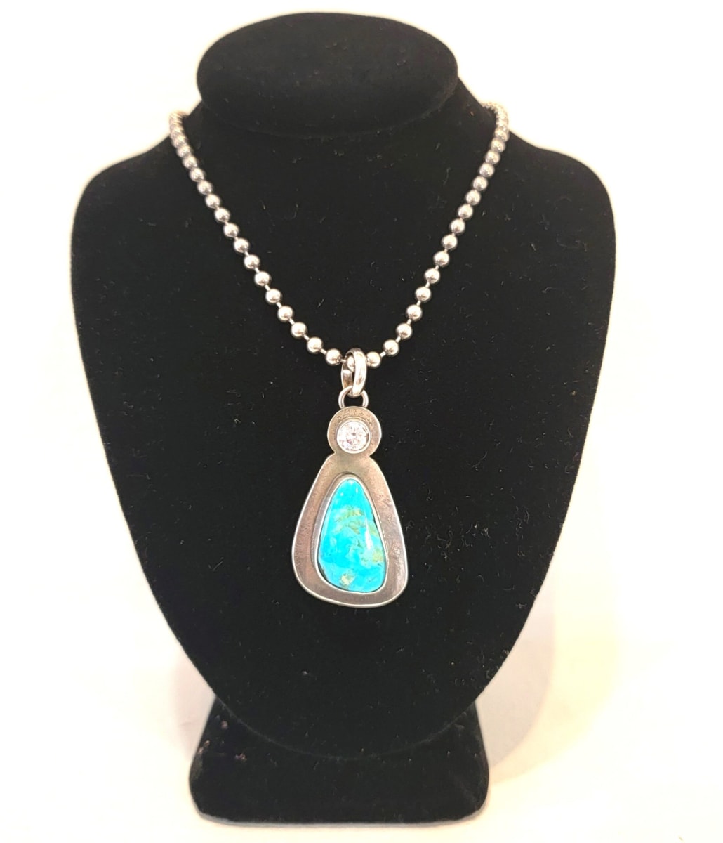 "Water Spell Necklace" - Minimalist Vintage Blue Turquoise and Cubic Zirconia Pendant on Bead Ball Chain by Shasta Brooks  Image: All Art © Shasta Brooks Studio LLC