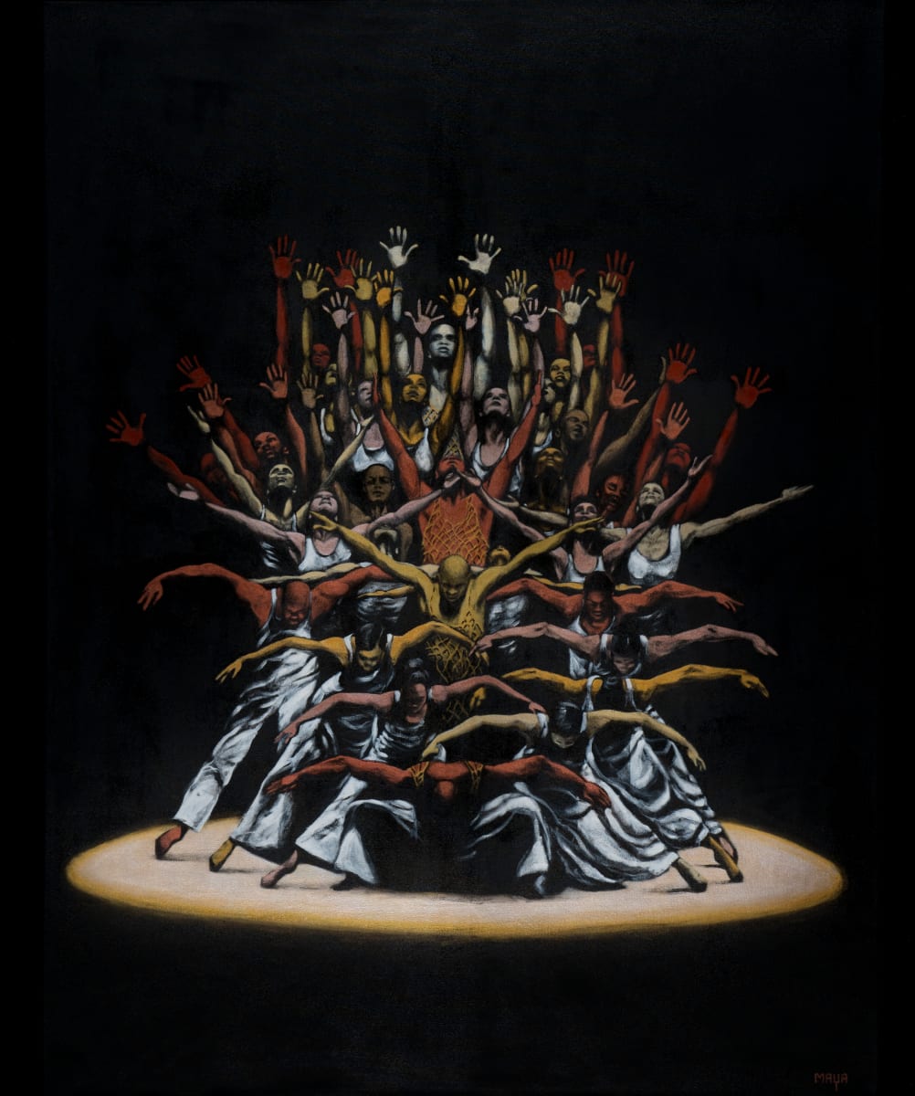 Pilgrim of Sorrow by Maya Leites  Image: Inspired by the choreography of "Pilgrim of Sorrow" from "Revelations" by the Alvin Ailey American Dance Theater, this painting weaves together diverse scenes from the dance to visually embody the journey, uniting its participants as one harmonious entity, emerging from the depths of darkness.