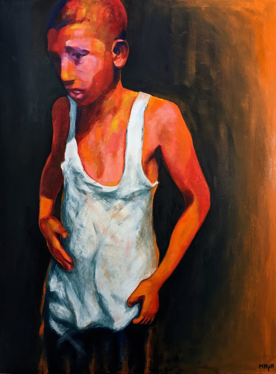 Fire by Maya Leites  Image: Inspired by a photograph of a young boy fleeing his burning home amidst a wave of violence, this painting captures a stark and intimate portrayal of a child caught in the all-too-familiar tragedy of conflict and destruction.
