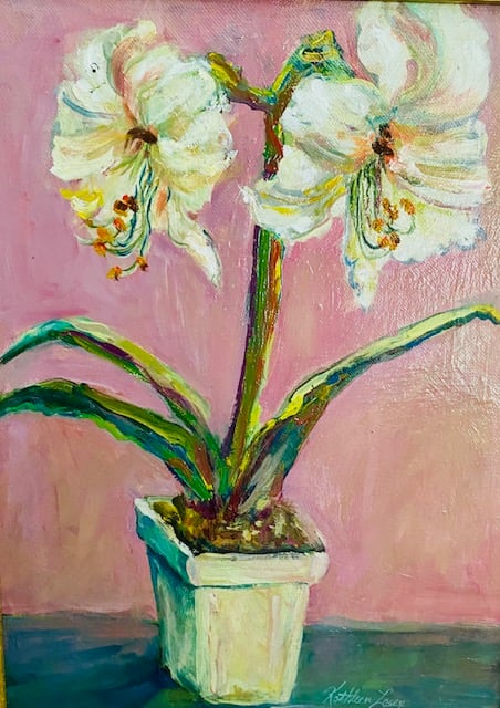 WHITE  AMARYLLIS AND PINK WALL by Kathleen Losey 