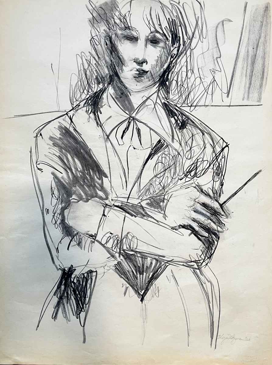 Conductor in pen and ink by Elyse Wyman, Image 1.