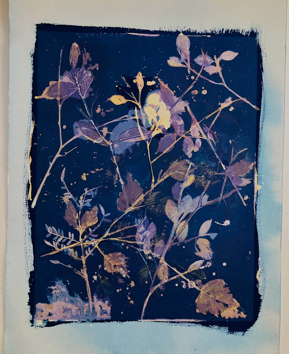 Leaves Blue and Splatters by Rhonda Burton, Image 1.