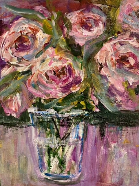 PINK ROSES IN CLEAR VASE by Kathleen Losey 