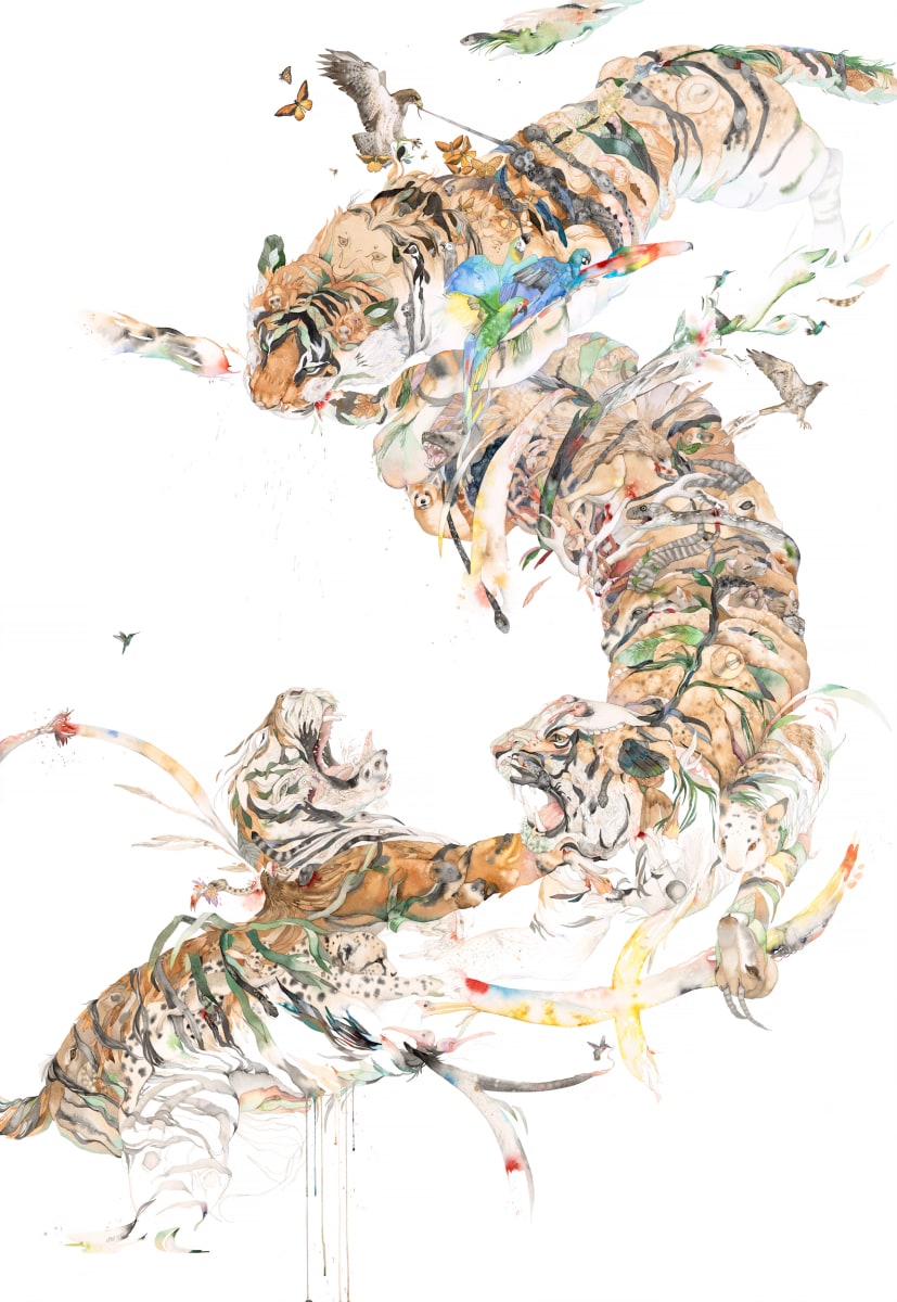 Tiger Battle by Laura Ball  Image: Three entangled tigers, fighting. They are made up of endangered plants and animals.