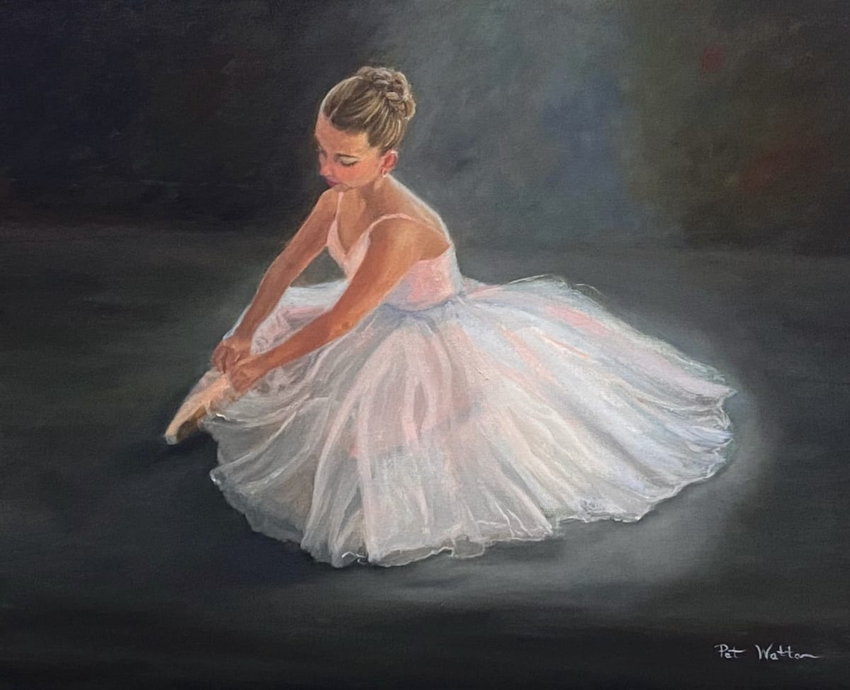 Taking a Break by Pat Wattam  Image: Artist retying shoes backstage