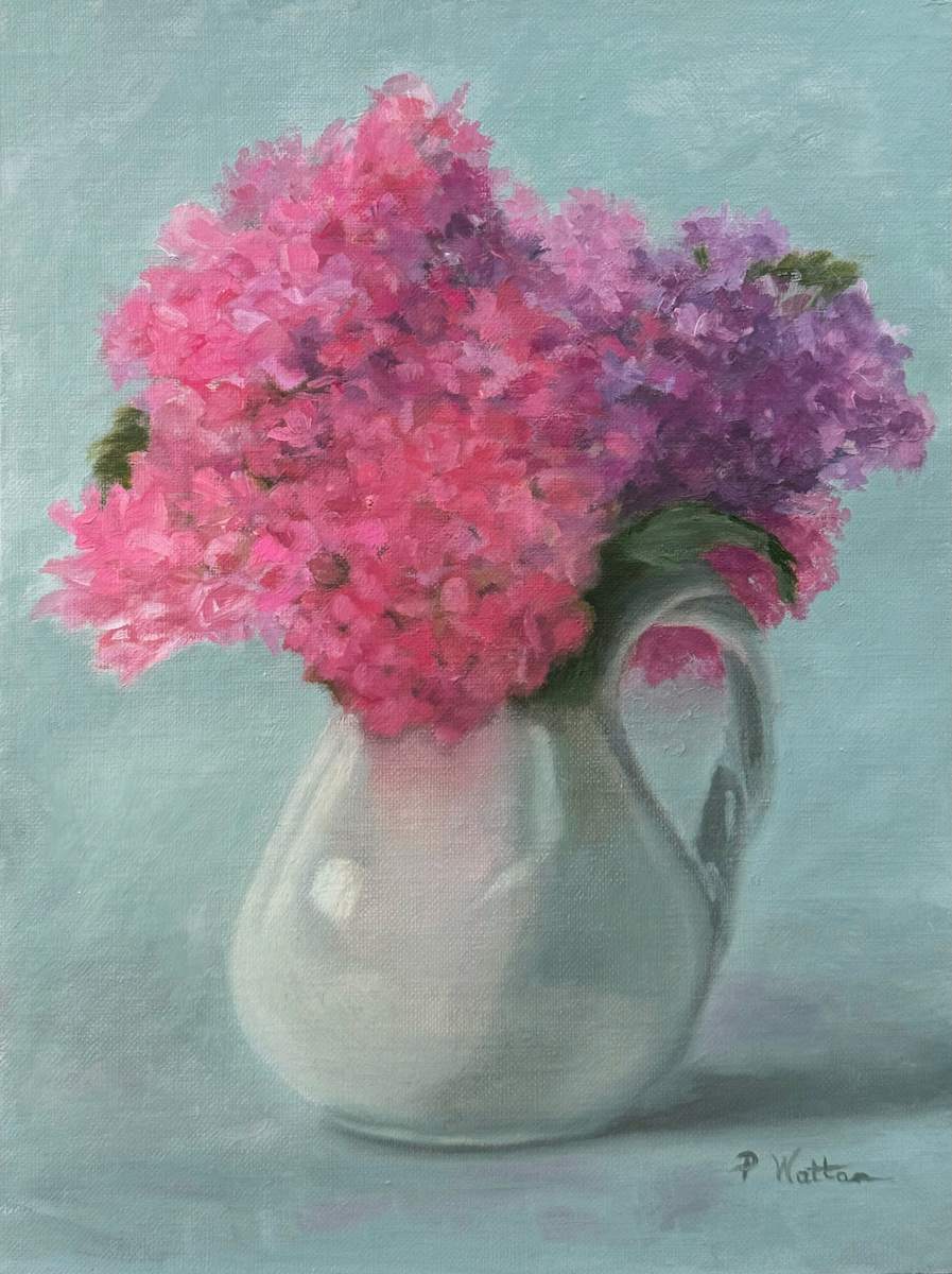 White Vase with Hydrangeas by Pat Wattam 