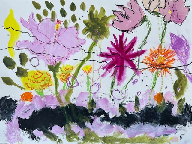 Frolicking Flowers by Christy Kale  Image: I did this painting outside in the Springtime. The riotous shapes and colors are so fun and bring a lot of life into the room.