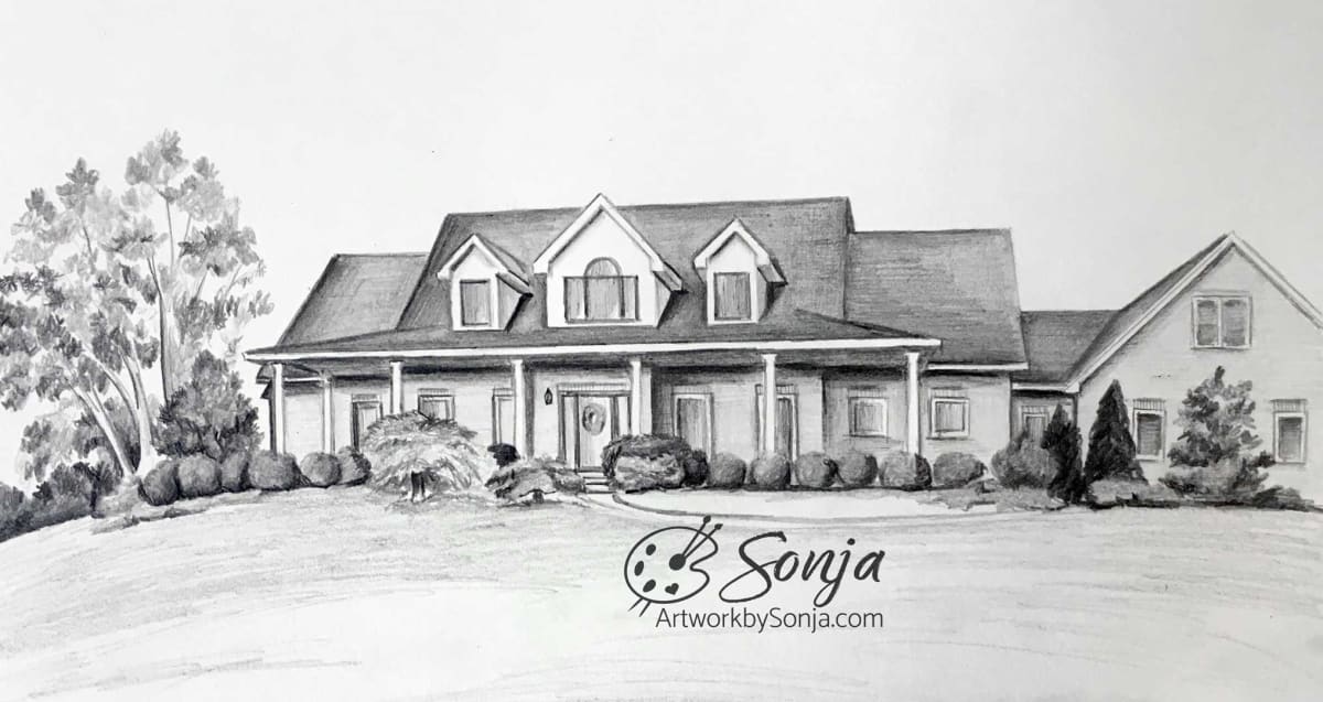 Hillside House Drawing in Pencils by Sonja Petersen 