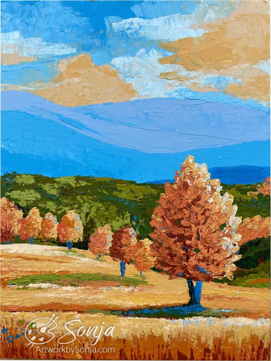 Golden Mellow by Sonja Petersen  Image: Golden mellow is a feeling as much as it is a place. My favorite place is right here in a warm and cozy meadow with views of the Blue Ridge Mountains. Please enjoy this impressionistic abstract Virginia countryside autumn landscape.