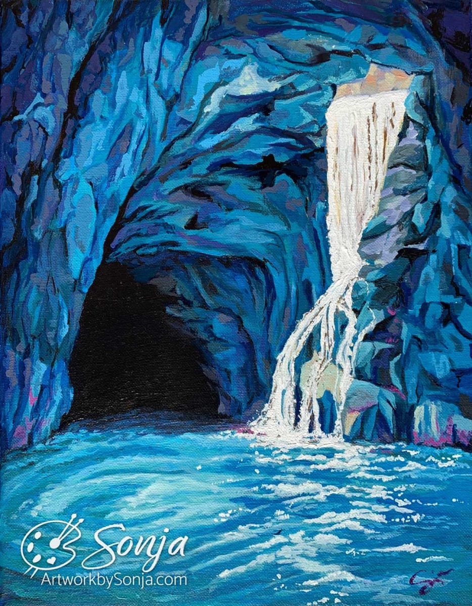 Hollowed by Sonja Petersen  Image: A watery Kauai, Hawaii sea cave with reflecting light contrasted against the deep cavern for a dynamic and compelling waterscape painting. A slight touch of gold in the waterfall adds a touch of real shimmer! This is an original acrylic painting on a stretched canvas. The artwork is approximately 14" x 11" x .5". This artwork is unframed and ready to hang. It is an original painting, the only one of its kind.