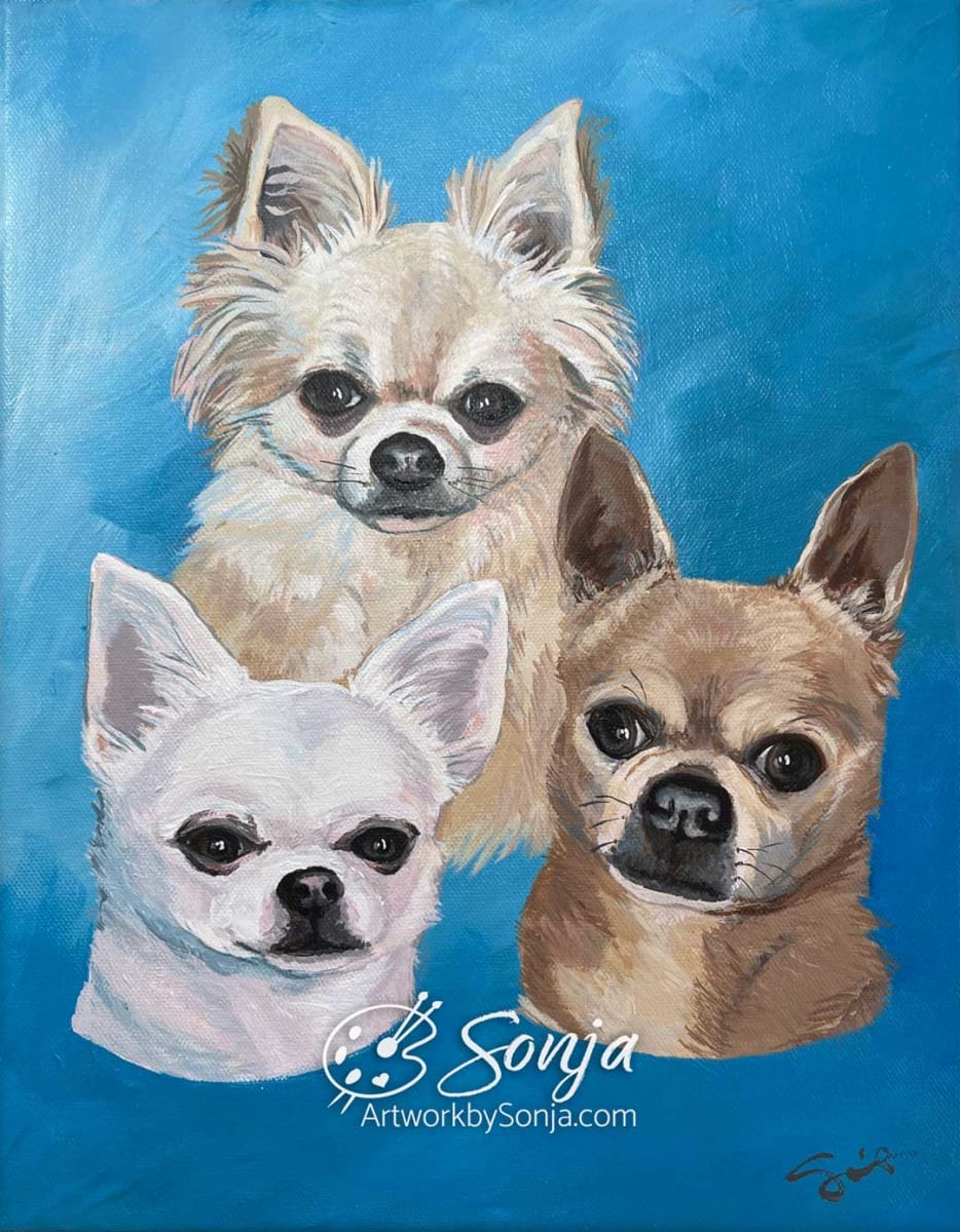 Three Chihuahuas Portrait by Sonja Petersen  Image: My husband and I had been thinking of having a portrait done of our three chihuahuas for a while.  One day I was looking through our community paper and saw an ad for a local artist who did all types of paintings, including pet portraits.  Her name was Sonja Petersen.  
 
I contacted Sonja and explained to her what we wanted for our portrait.  My first impression of Sonja was that she is a serious artist who is most detail oriented in her work.  Sonja is a kind lady, very friendly, easy to work with, stays in touch through the process, asks questions and keeps to her deadline.  She is dedicated to creating a portrait that you will be happy with.  
 
When we saw our portrait completed, we were so excited!  The portrait was done in fine detail with emphases on each pet's eyes, nose, little faces and ears.  The portrait looked exactly like our chihuahuas!!  We were more than pleased with Sonja's portrait!!
 
Sonja is a excellent artist.  Her portraits are beautiful in color.  Subjects are captured in fine detail and expressions are captured from the eye of a superior artist.  Our pets' portrait is simply gorgeous and we are proud to display it on our mantle for all to see. - Kathy Wrenn