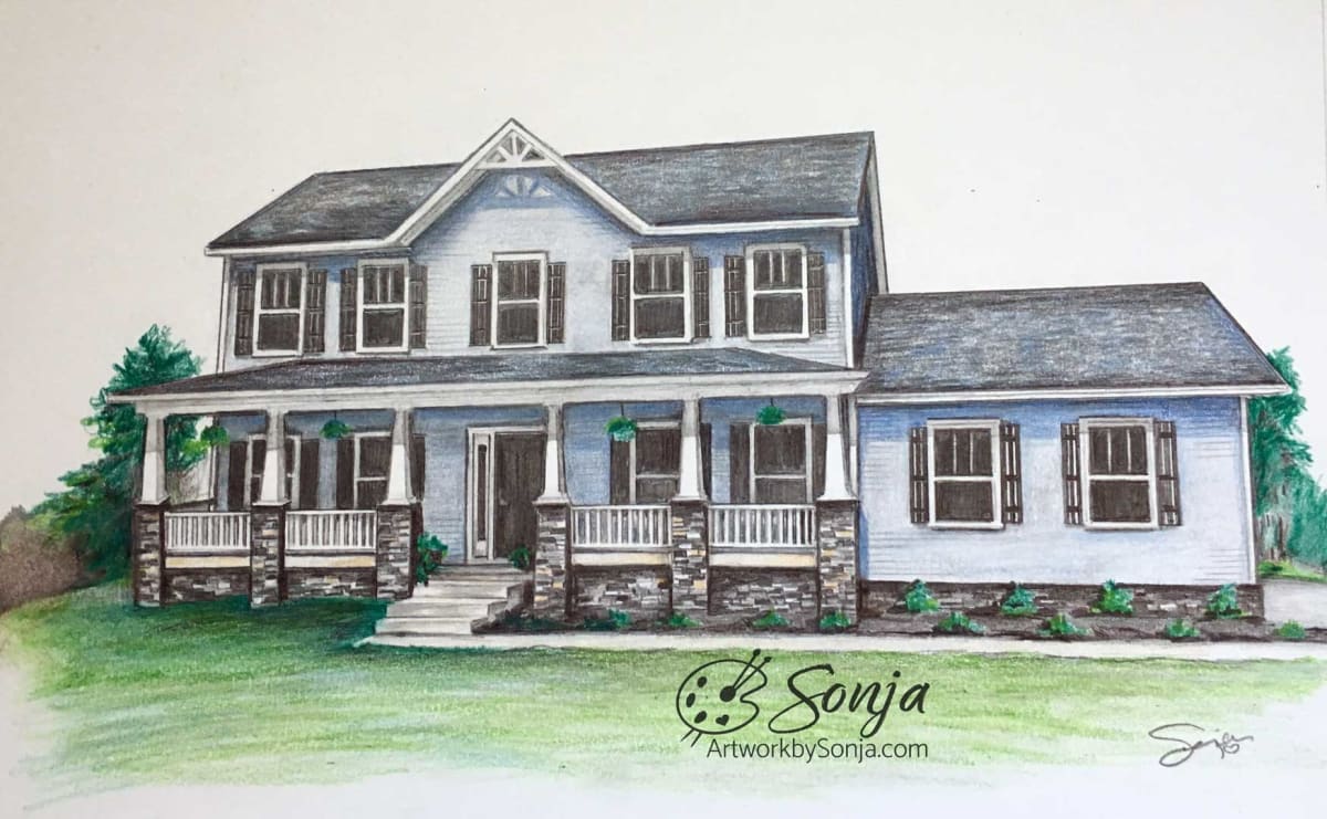 Blue and Gray House Portrait Drawing by Sonja Petersen 
