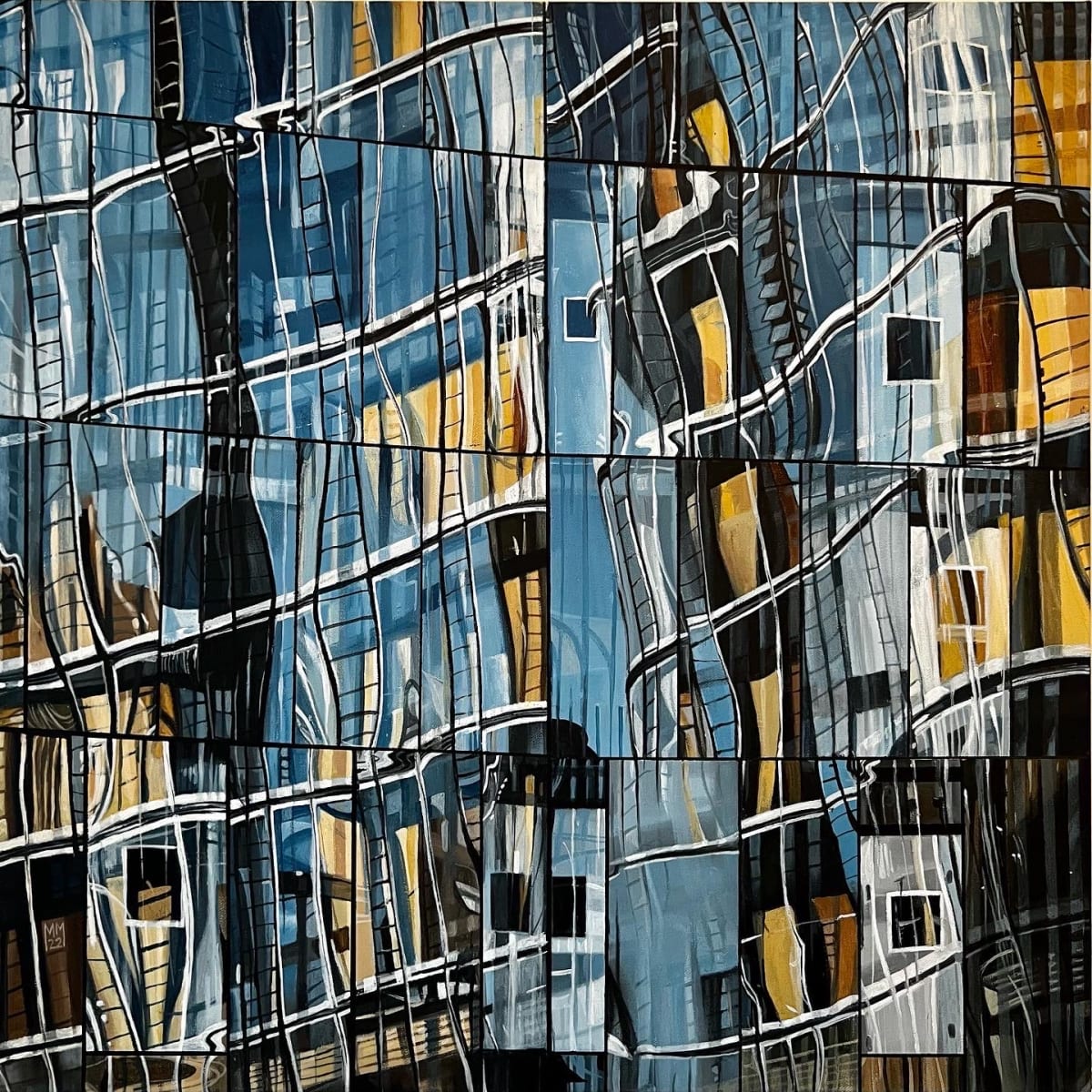 Walking Under Ladders by Michael Moore  Image: Love Joan Armatrading’s song, Wlk Under Ladders. The repeated motif in the painting reminded me of ladders and hence the song.