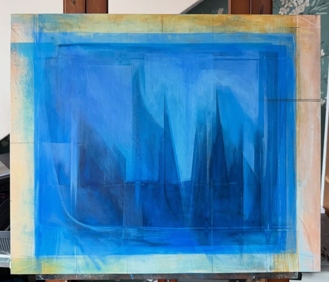 Round The Island by Michael Moore  Image: Clearly influenced by Lynonel Feininger, this piece is about the Isle of Wight Round The Island Race. My Stepson has competed for quite a few years and has won his class of yacht in 2023.