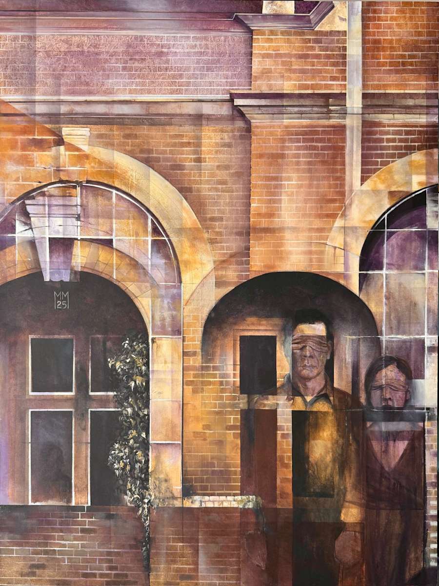 Constructed Blindness by Michael Moore  Image: A layered city fragment, where brick arches and shadowed windows hold ghostlike figures, half-emerging and half-erased. Memory, architecture, and presence overlap to create a quiet tension between solidity and fragility.