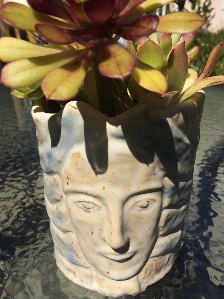 Gweniviere had blue hair cup and succulent pot by Nell Eakin 