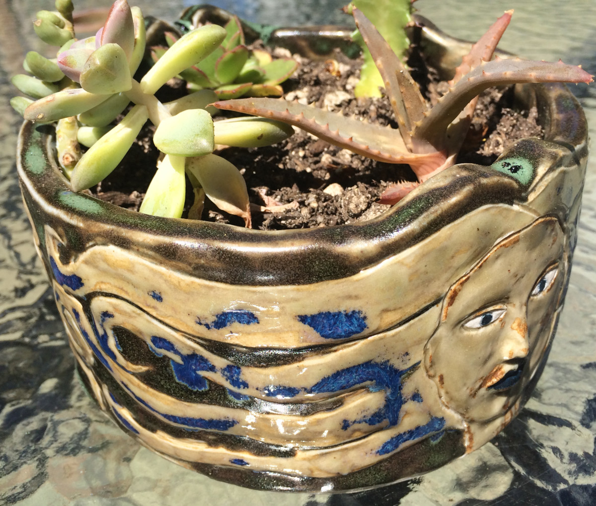 Double Medusa yin yang succulent pot by Nell Eakin 