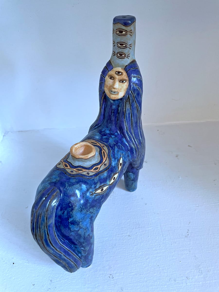 Miranda's Mirage, an eyes mandala pipe in shades of blue by Nell Eakin 