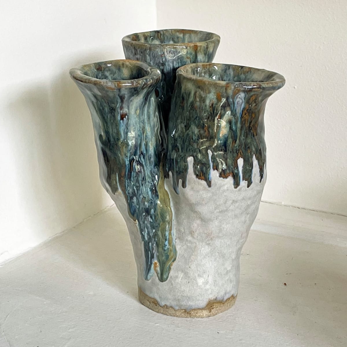 Triple Vase  with Blue Green Drips by Nell Eakin 