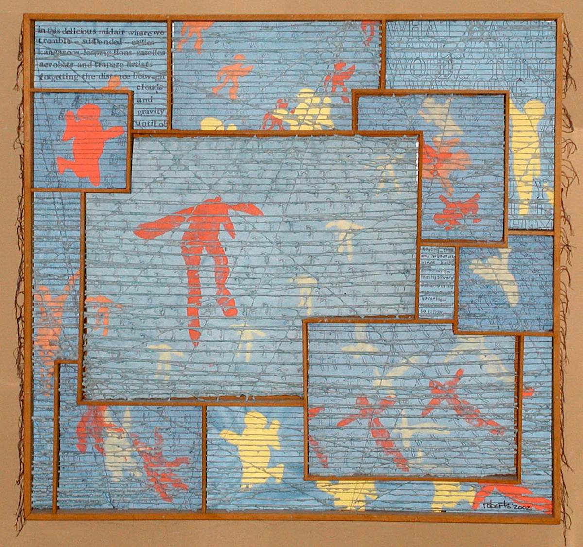 STRINGFS OF MEMORY (blue) by George Roberts  Image: During the last years of her life, I watched my mother’s memory decline, fade.  Whether an inability of her brain to synthesize vitamin B or simply the flooding in of wisdom, the connections – that easy way she had of reaching for just the right word or the way she keep current with all her childen's lives as if juggling colorful balls in the air  --- were gradually replaced by loss of enthusiasm for her crossword puzzles and by repeated repeated repeated fragments of stories, mere flickers of the images that had sustained her.

In these years, Evangeline Hemenway Roberts grew increasingly childlike, dependent on others -- especially my brother Tony and his wife Sherry who lived nearby, and some devoted housekeepers and friends - to see her safely from one day to the next, to help her find her way to those stories of her past which more and more became the only places she could go for comfort.

I suspect the path memory takes through time reveals itself to each of us in a similar way.  I grow more forgetful as days and years pass.  Is this what it means to be human?

Making art allows us to suspend nurturing images and stories in a kind of unfading light so we might bathe in the knowledge there is nothing to fear, everything to celebrate, about being alive.
