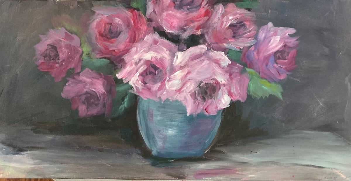 Ruby Roses in Blue Vase by Amy B. Carroll 