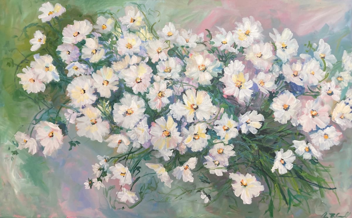 Snowy Cosmos by Amy B. Carroll  Image: This white bundle of Cosmos flowers is light and airy like snowflakes in Spring! 