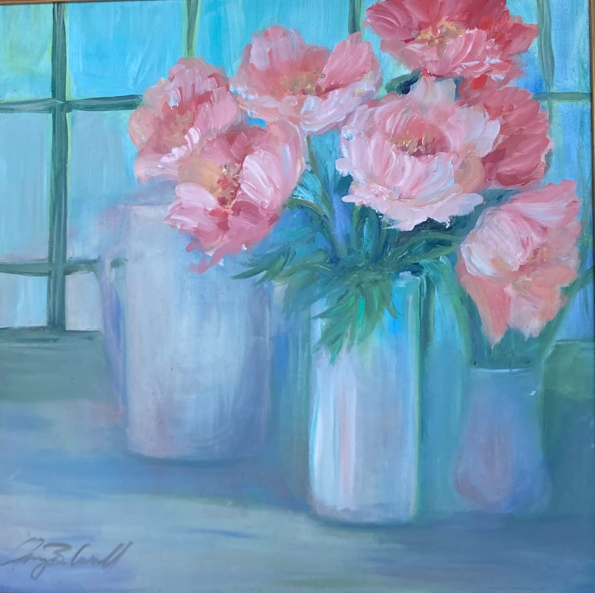 Fading Light by Amy B. Carroll  Image: Pink Peonies in front of the Stutz 
windows.   