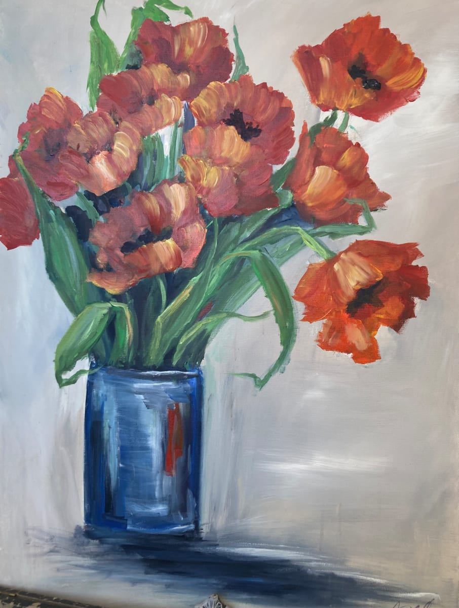 Red Flowers in a Blue Vase by Amy B. Carroll  Image: Orange Red Tulips in a blue vase. 