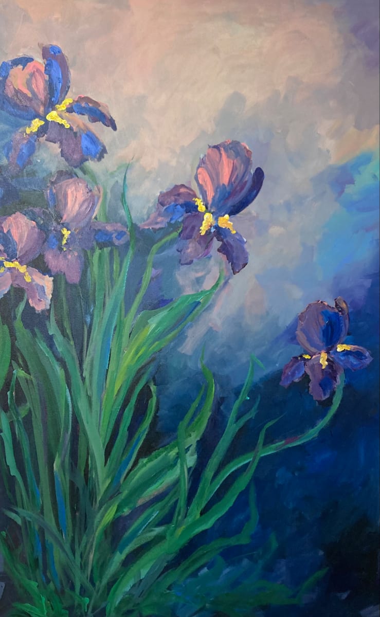 Sunlit Flags by Amy B. Carroll  Image: Do you call them Flags or Iris?   Growing up in Missouri Flags grew almost wild in the irrigation ditches along the edges of  farmers fields.   Always purplish blues and amazing.   