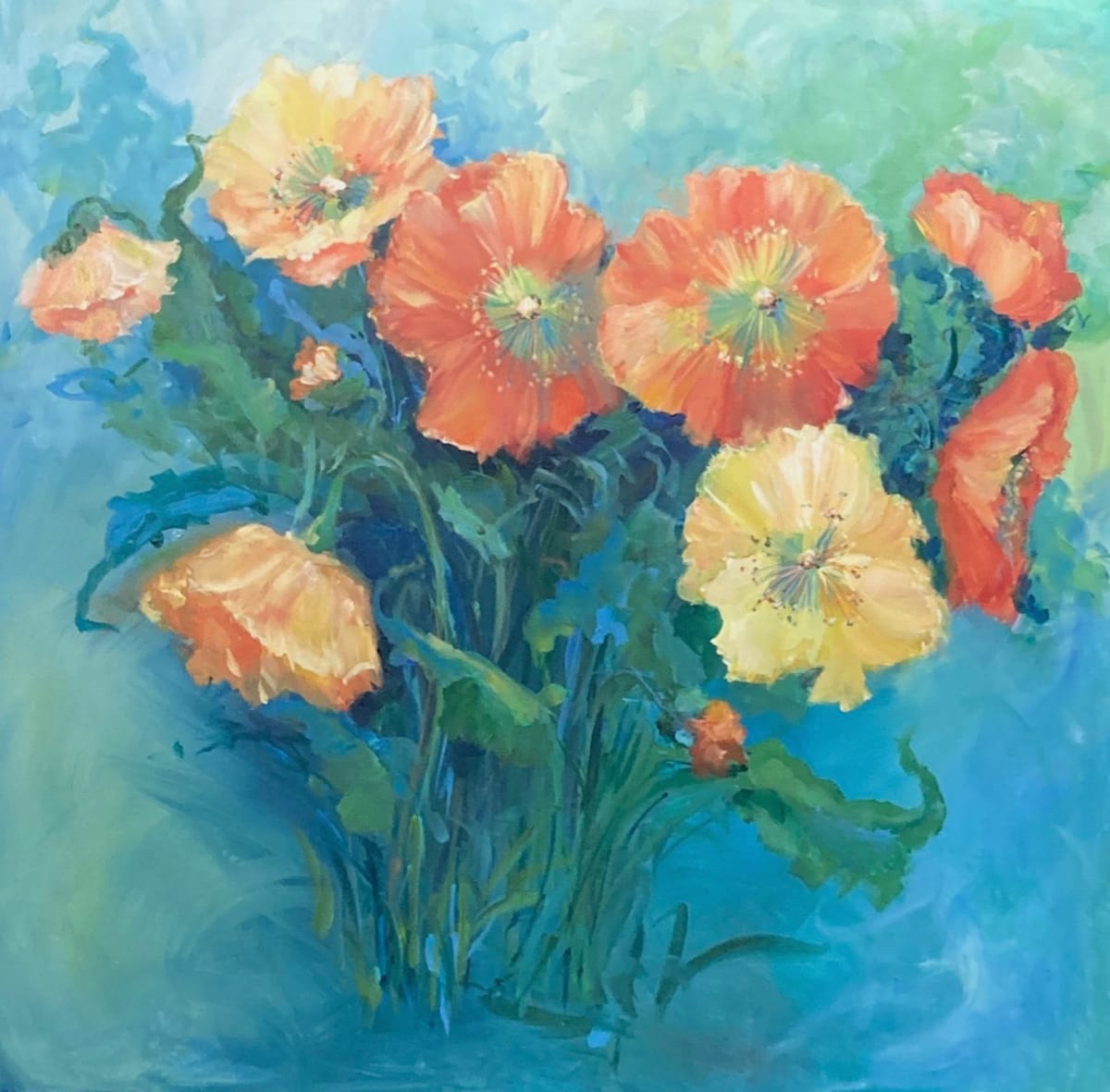 Sunset Poppies by Amy B. Carroll  Image: Inspired by those unforgettable evenings when the sky puts on a show—flashing brilliant oranges, yellows, blues, and even the softest hints of green. Sunset Poppies celebrates that magical intersection of fading sunlight and vibrant blooms.
$1300 unframed
$1500 framed
