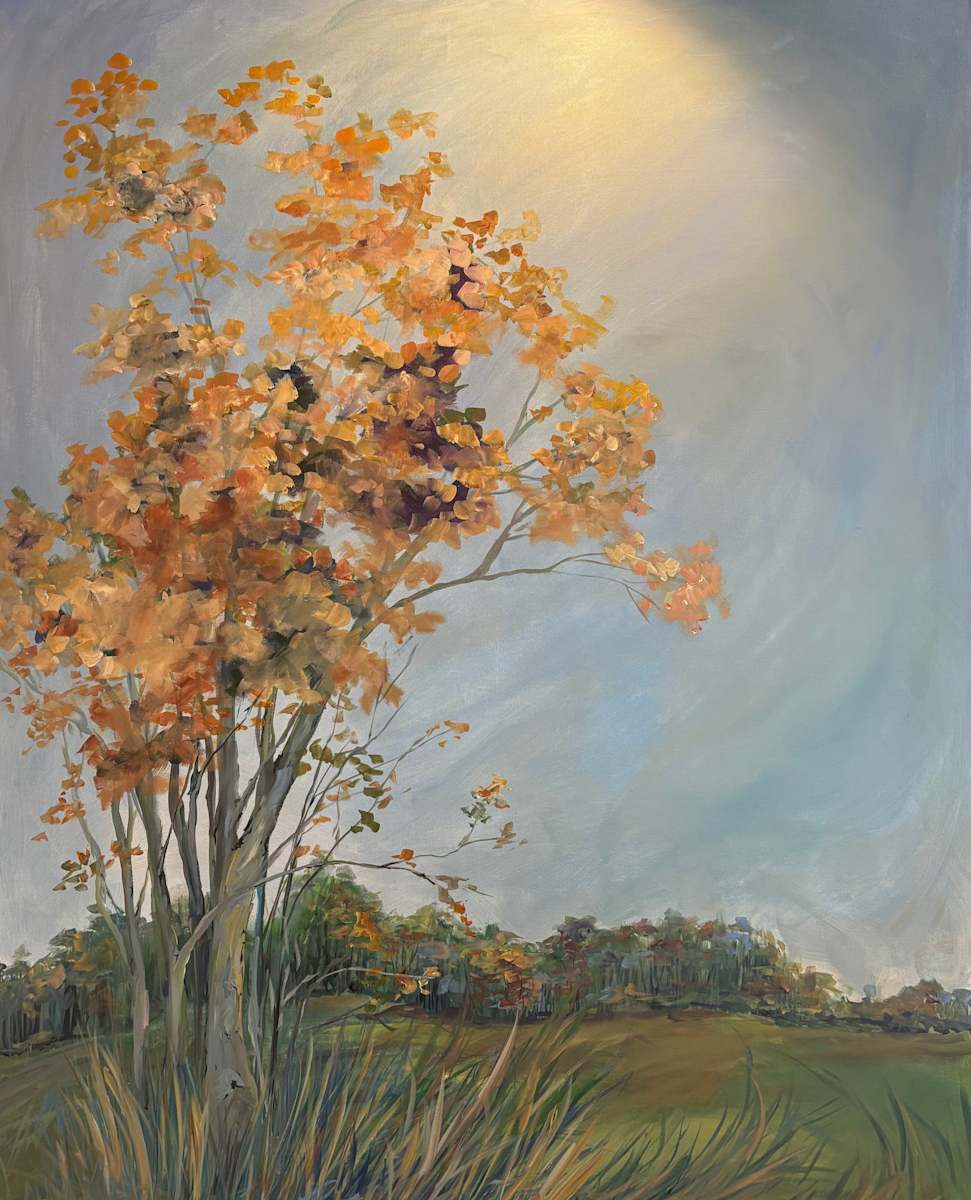 Whispers of Fall by Amy B. Carroll  Image: Whispers of Fall captures the quiet beauty of Indiana’s autumn, with its rich colors and soft light. Painted in the midst of the season, this piece is a reminder of the natural wonders close to home—treasures we sometimes overlook in the rush of everyday life.
