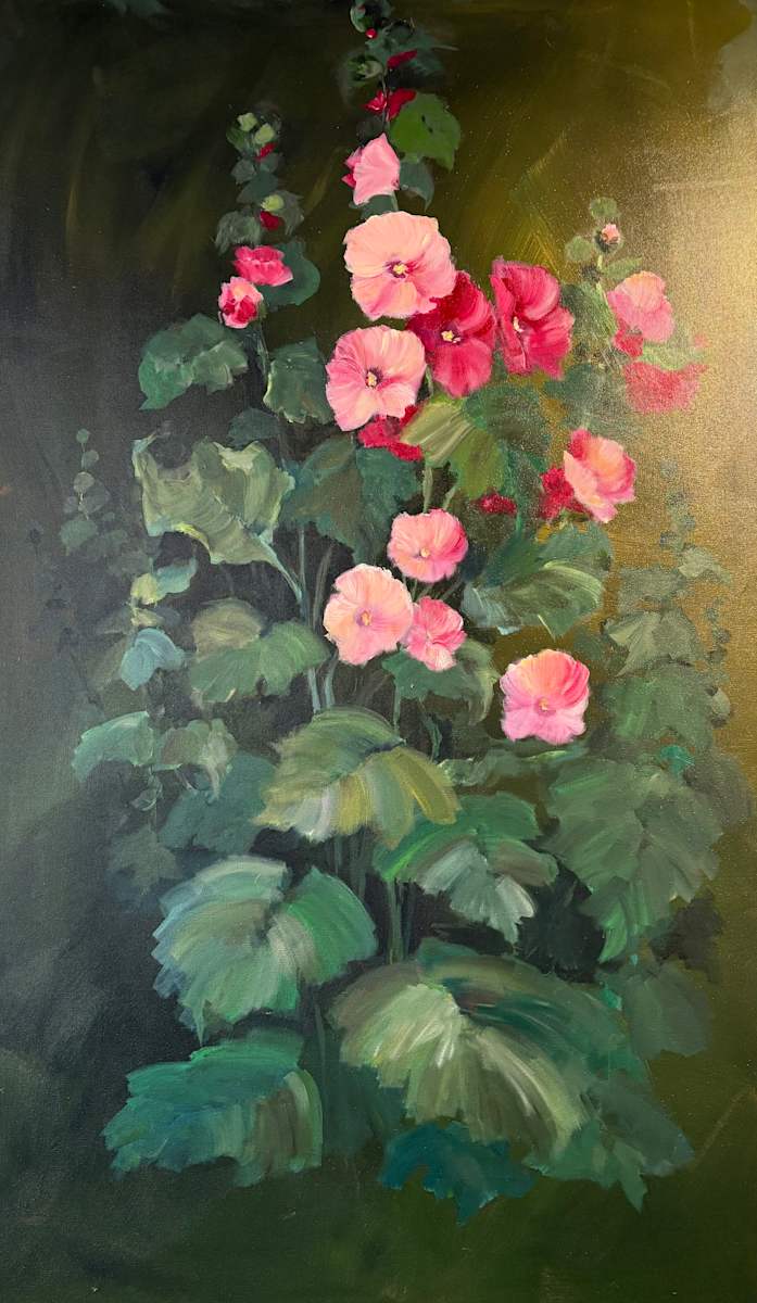 Blush and Burgundy Hollyhocks by Amy B. Carroll  Image: Soft blush-pink petals mingle with deep burgundy blooms in this romantic tribute to the hollyhock’s old-world charm. The layered brushwork brings out the delicate ruffles and gentle sway of the flowers, set against a rich green backdrop. A celebration of color harmony and garden nostalgia.
