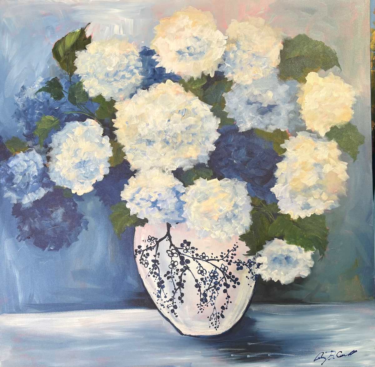 Forever in Blue and White. by Amy B. Carroll  Image: Inspired by the blue and white hydrangea centerpieces at a family wedding.  Guests were invited to take the blooms home and this bouquet - now painted in soft, layered brushstrokes- preserves the joy,  beauty and love of that day.  
