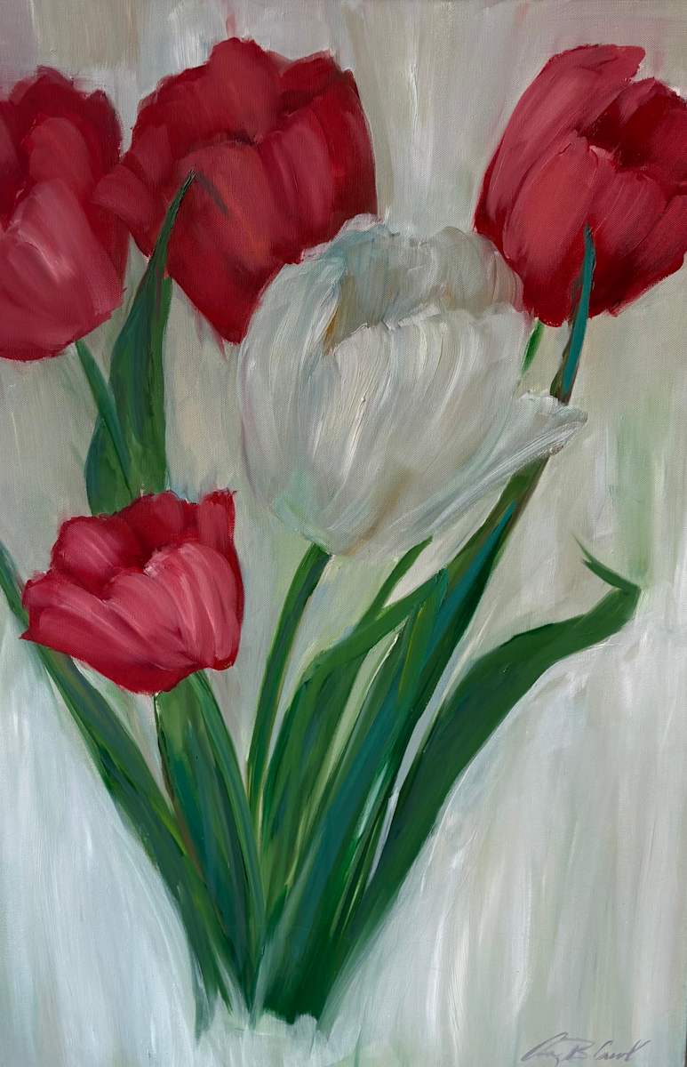 White with Red by Amy B. Carroll  Image: Bold red tulips mingle with luminous white, a lively celebration of spring’s arrival and the joyful resilience of blooms that once danced outside my childhood window.