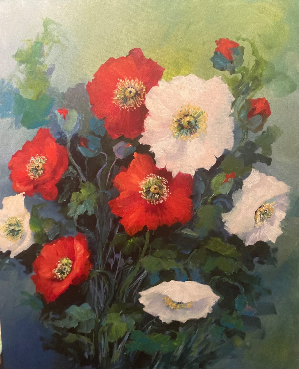 Attention Seekers by Amy B. Carroll  Image: Having a studio above a flower shop helps me learn about all sorts of flowers. For example, who knew there were over 70 different types of poppy flowers! Generally, most people like of orange or red poppies but there are so very many and it is inspiring to see all the different colors and varieties.