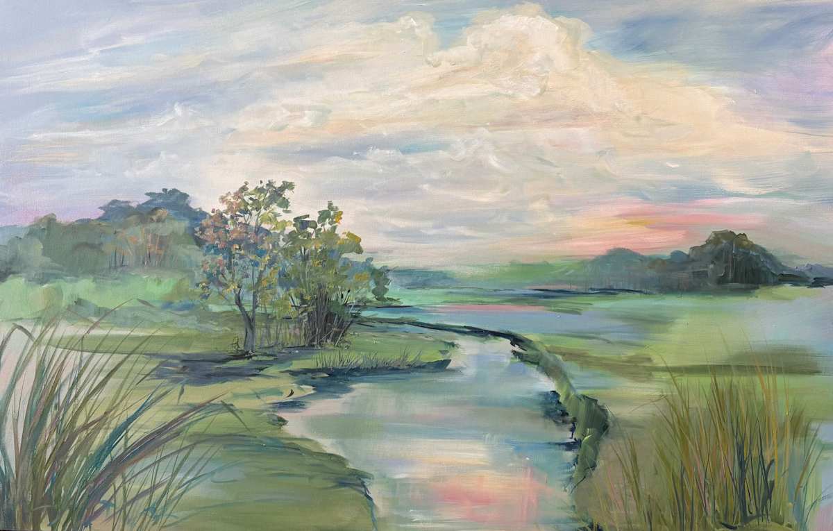 Where Fields Hold Secrets by Amy B. Carroll  Image: This painting brings together two places that have shaped me: the wide, open fields of the Midwest and the landscapes I encountered while traveling in Ireland and the UK. During my travels, I was struck by the sight of lone groupings of trees and solitary bushes rising from otherwise empty fields. Many guides referred to these as “Fairy Thorn” bushes, said to be protected and full of mystery.
Here, I’ve blended that sense of folklore with the quiet familiarity of Midwestern land and sky. The winding stream, the stillness of the horizon, and the solitary trees carry both memory and myth—inviting the viewer to linger where the everyday world touches something timeless and enchanted.