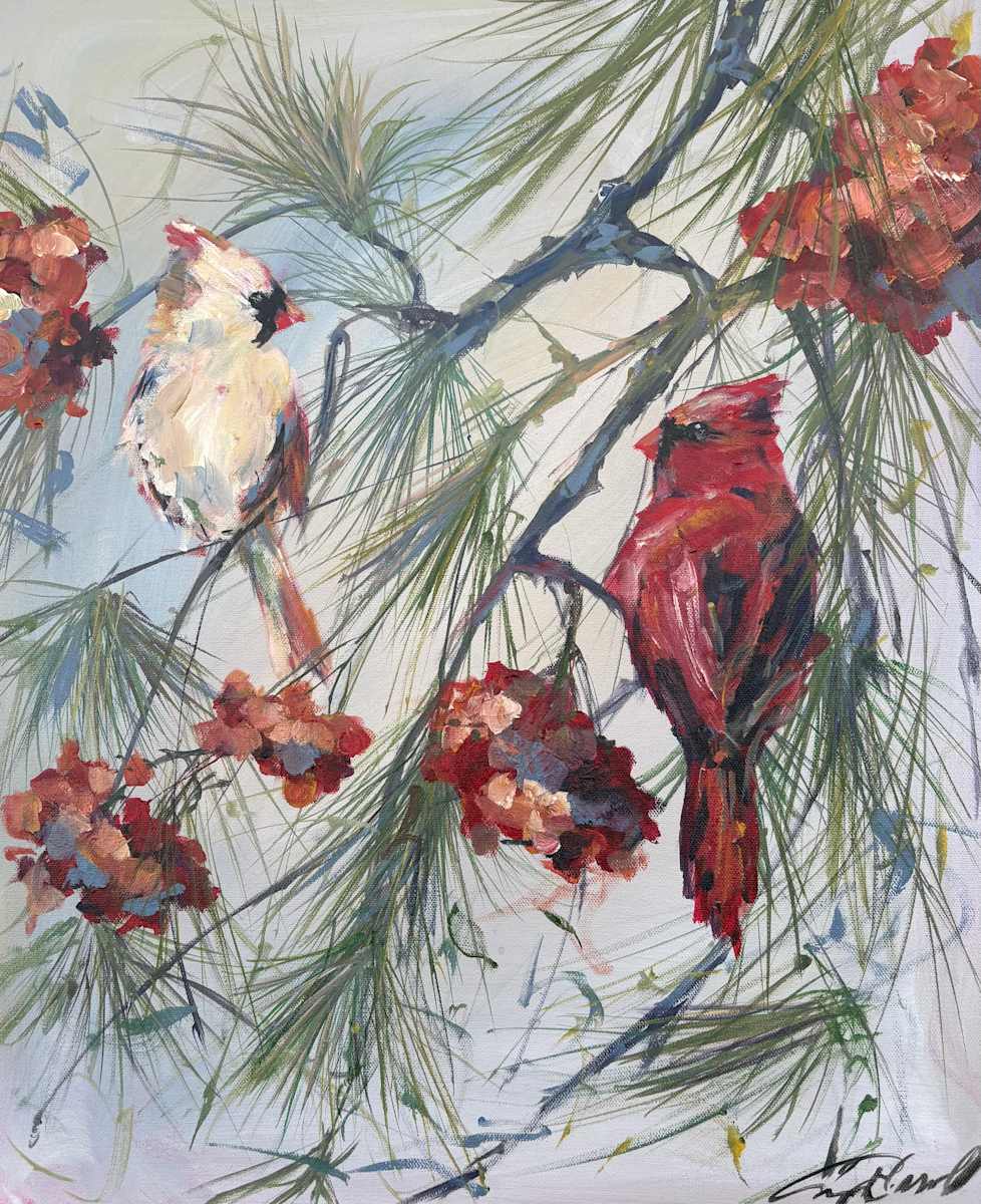 Conversation in the Pines by Amy B. Carroll  Image: A quiet exchange between a cardinal pair — one luminous, one ember-bright — held among long winter pines. The world has gone still, yet a subtle magnificence endures in the flicker of red and the last berries of the season. Beauty arriving out of the blue in the hush of winter. Acrylic on canvas.
