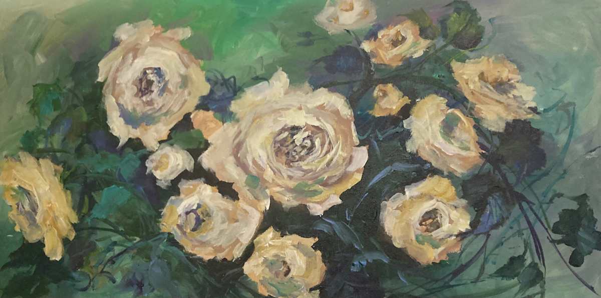 Golden Roses  in Spring by Amy B. Carroll  Image: Spring Roses with the green spring grass and fields.   